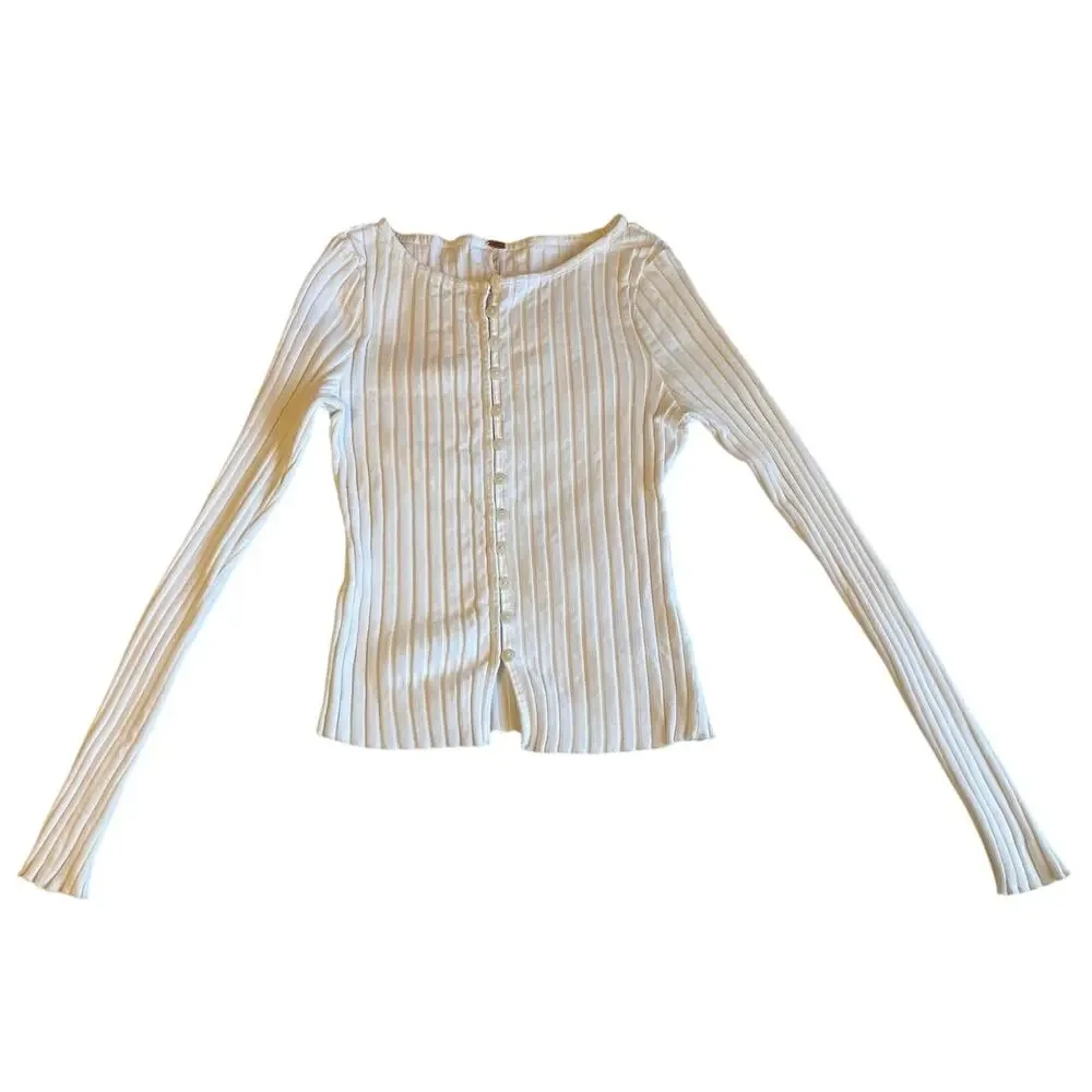 Free People Tilly Knit Ribbed Fitted Button Up Long Sleeve Top White Large Boho